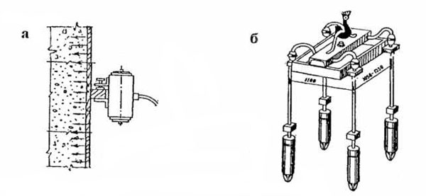 Рис. 4.38. Специальные вибраторы: а – наружный (на опалубке); б – пакет вибраторов на крюке крана