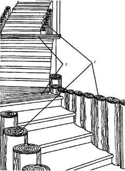 Наружная лестница с ограждениями из бревен